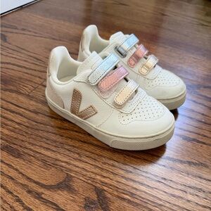 Veja Kids White Sneakers with Pink, Silver & Gold Straps